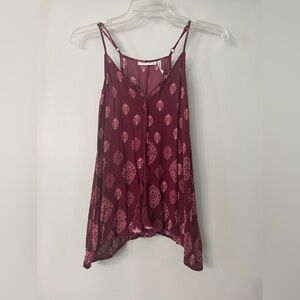 Boho Tassel V-Neck Camisole in Burgundy with Pink Medallion Print